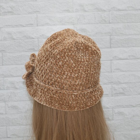 HAND CRAFTED Hat Crochet Bucket Chenille Floppy Winter Wide Brim Tan Marled - Picture 2 of 11